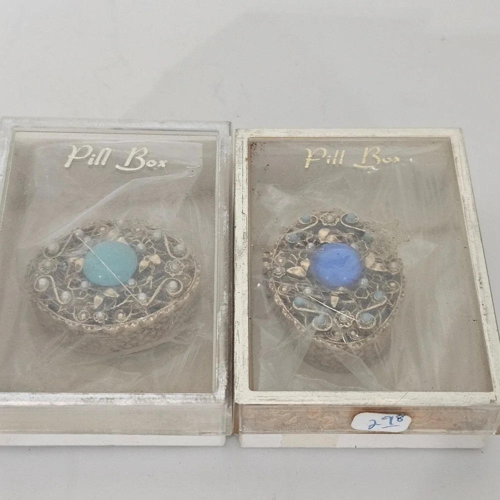Vintage Gold Tone Filigree Pill Box Set Turquoise Blue Cabochon Faux Pearl 2pc